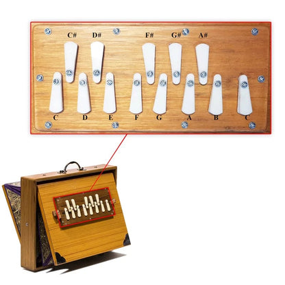 Shruti Box 'Saraswati ' en 432 hertz de chez 'Monoj Kumar Sardar & Brothers', 1 rangée d'octave de Do3 à Do4 (C3 à C4), un pur instrument à tonalité fondamentale. Dimensions et poids : 41,00 × 32,00 × 8,50 cm - 4,61 kg. Vendu avec housse !