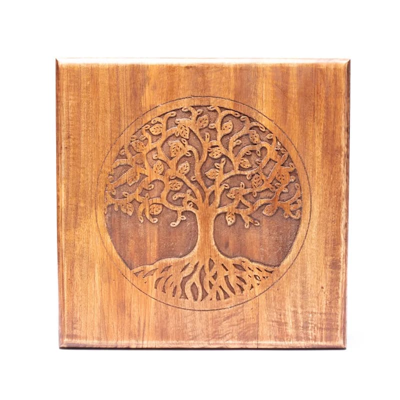 Table d'appoint/ Autel, en bois d'acacia avec motifs gravés de la 'fleur ou arbre de vie', 30X30X23 cm/ 2250 grammes. Haute qualité du symbole de la fleur de vie.  Fini avec un vernis à la cire. Assemblage facile avec les pieds à visser.