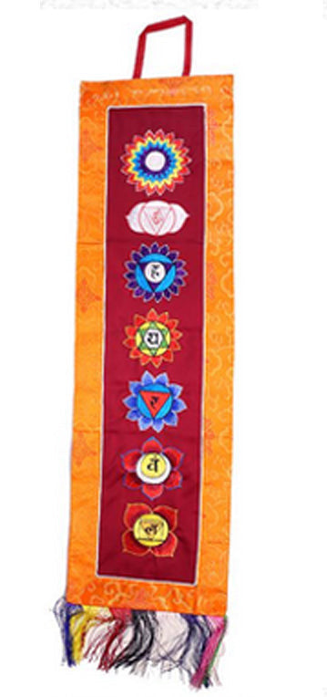 Bannière verticale, de 19 centimètres de largeur x 70 centimètres de hauteur, avec broderies de motifs 7 chakras... Parfait pour les portes, murs, rituels, salons... !