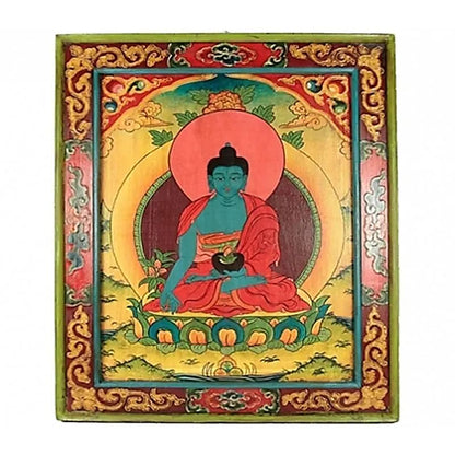 Thangka  (panneau en bois sacré) du Bouddha 'medecin', de 66 x 52 centimètres, incroyable conception dans un cadre en bois de pin, soigneusement peints à la main dans de belles couleurs chatoyantes !