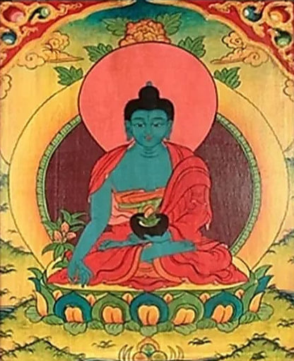 Thangka  (panneau en bois sacré) du Bouddha 'medecin', de 66 x 52 centimètres, incroyable conception dans un cadre en bois de pin, soigneusement peints à la main dans de belles couleurs chatoyantes !