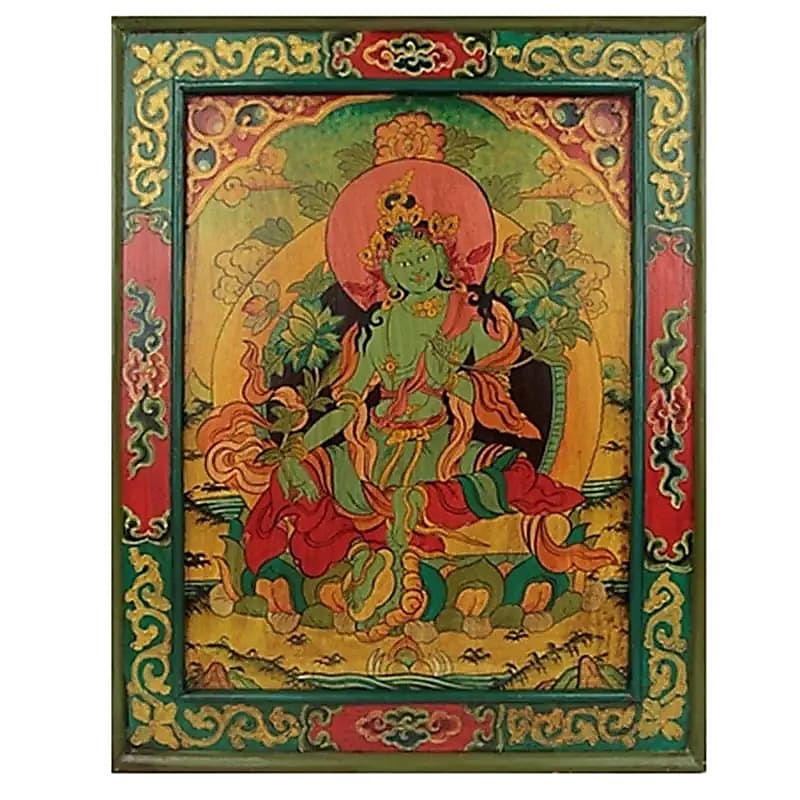 Thangka  (panneau en bois sacré) de TARA VERTE de 66 x 52 centimètres, incroyable conception dans un cadre en bois de pin, soigneusement peints à la main dans de belles couleurs chatoyantes !