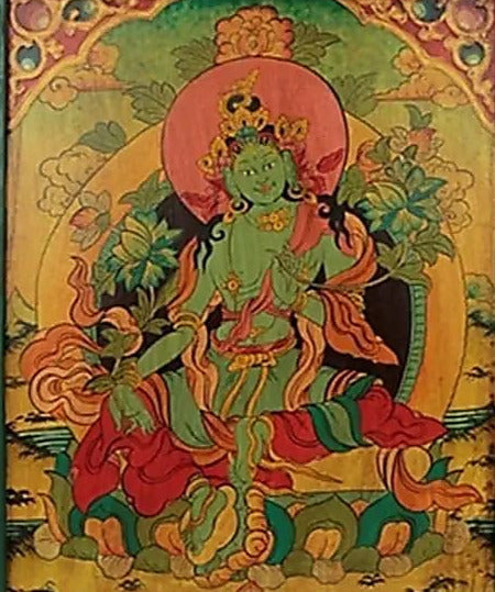 Thangka  (panneau en bois sacré) de TARA VERTE de 66 x 52 centimètres, incroyable conception dans un cadre en bois de pin, soigneusement peints à la main dans de belles couleurs chatoyantes !