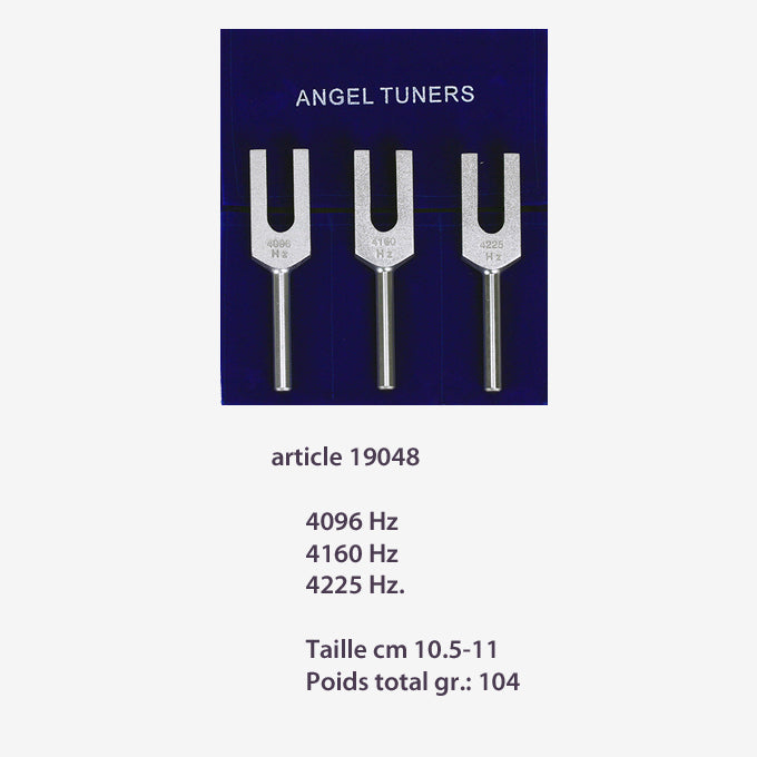 Set 'Angel tuner' de 3 diapasons pondérés ou non pondérés, en aluminium anodisé finition Argent, set de 13 x 15 cm. Livré dans 1 pochette en velours bleu !