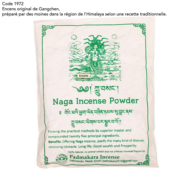 Encens original de chez 'Gangchen', en poudre*, sachet de 40 grammes, préparé par des moines dans la région de l'Himalaya selon une recette traditionnelle.  Ingrédients 100% naturels !!