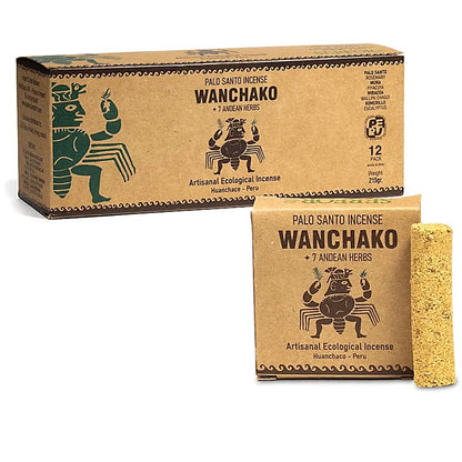 Encens Wanchako fait au Pérou, composé de bois de Palo Santo 100% artisanal. 2 modèles au choix, 100% naturel ou aux 7 herbes. Chaque boîte contient 4 'piles', pouvant être découper en rondelles suivant vos besoins. Aussi puissant que la sauge !