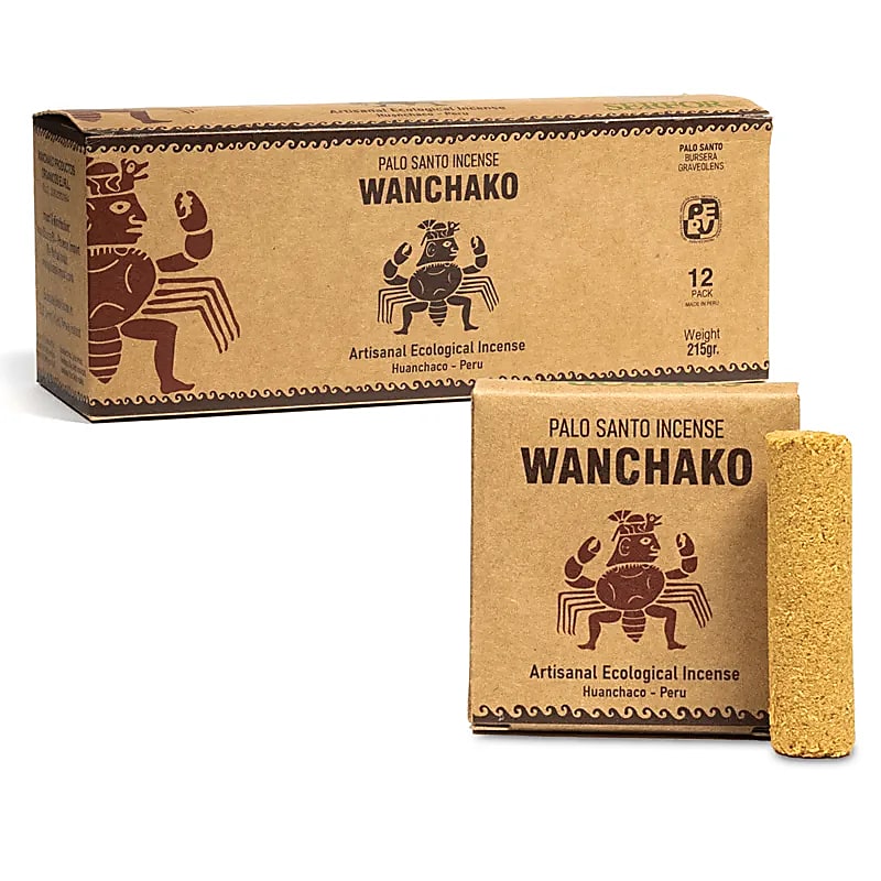 Encens Wanchako fait au Pérou, composé de bois de Palo Santo 100% artisanal. 2 modèles au choix, 100% naturel ou aux 7 herbes. Chaque boîte contient 4 'piles', pouvant être découper en rondelles suivant vos besoins. Aussi puissant que la sauge !