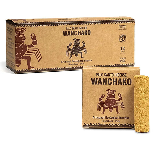 Encens Wanchako fait au Pérou, composé de bois de Palo Santo 100% artisanal. 2 modèles au choix, 100% naturel ou aux 7 herbes. Chaque boîte contient 4 'piles', pouvant être découper en rondelles suivant vos besoins. Aussi puissant que la sauge !