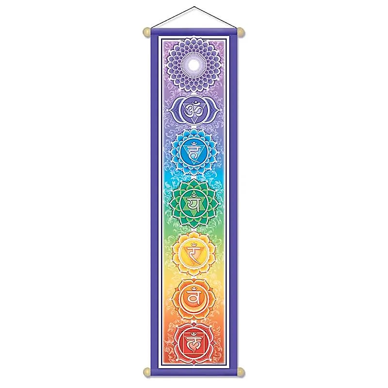 Très jolies bannières verticales, 3 modèles de 15x60 ou 30x120 centimètres, avec motifs des 7 chakras, Namasté ou prière 'O.M.P.H' (Om Pas Me Hum)... Parfait pour les portes, murs, rituels, salons !...