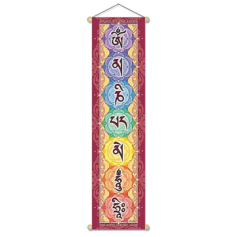 Très jolies bannières verticales, 3 modèles de 15x60 ou 30x120 centimètres, avec motifs des 7 chakras, Namasté ou prière 'O.M.P.H' (Om Pas Me Hum)... Parfait pour les portes, murs, rituels, salons !...