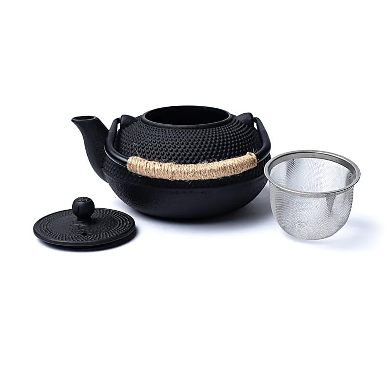 Théière émaillé en fonte, 'Tetsubin' et 'Tetsukyusu' de style traditionnel avec accessoires - 0,6, 1 ou 1,2 Litres. Options : tasses, chauffe-théière, assiette, porte couvercle... Parfait !