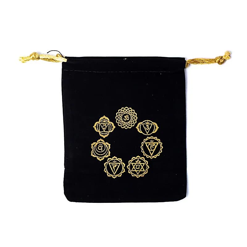 Sélection de pochette en velours noir (polyester), 10 x 11 centimètres. 7 modèles au choix avec symboles imprimés et cordon à nouer. Parfait pour protèger les cristaux, Solids, bijoux... parfait !