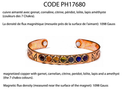 Sélection de bracelets manchette, en cuivre, 5 modèles au choix, magnétique. Avec gravure ou modèle 7 chakras. Très bonne qualité, trés beaux effets ! Fait en Inde !