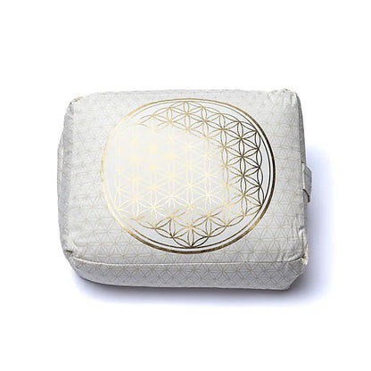 Sélection de 4 sets de coussins/ bolsters de méditation et de yoga, couleur blanc/doré, avec motif de la fleur de vie, en coton biologique (OCS). Fait en Inde par Yogi & Yogini !