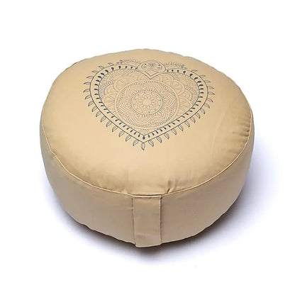 Coussin de méditation/ Yoga, blanc/ beige coton biologique (OCS). 33 centimètres de diamètre x 17 centimètres de hauteur. 2100 grammes. De chez Yogi & Yogini, fait en Inde !