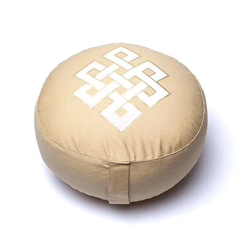 Coussin de méditation/ Yoga, blanc/ beige coton biologique (OCS). 33 centimètres de diamètre x 17 centimètres de hauteur. 2100 grammes. De chez Yogi & Yogini, fait en Inde !