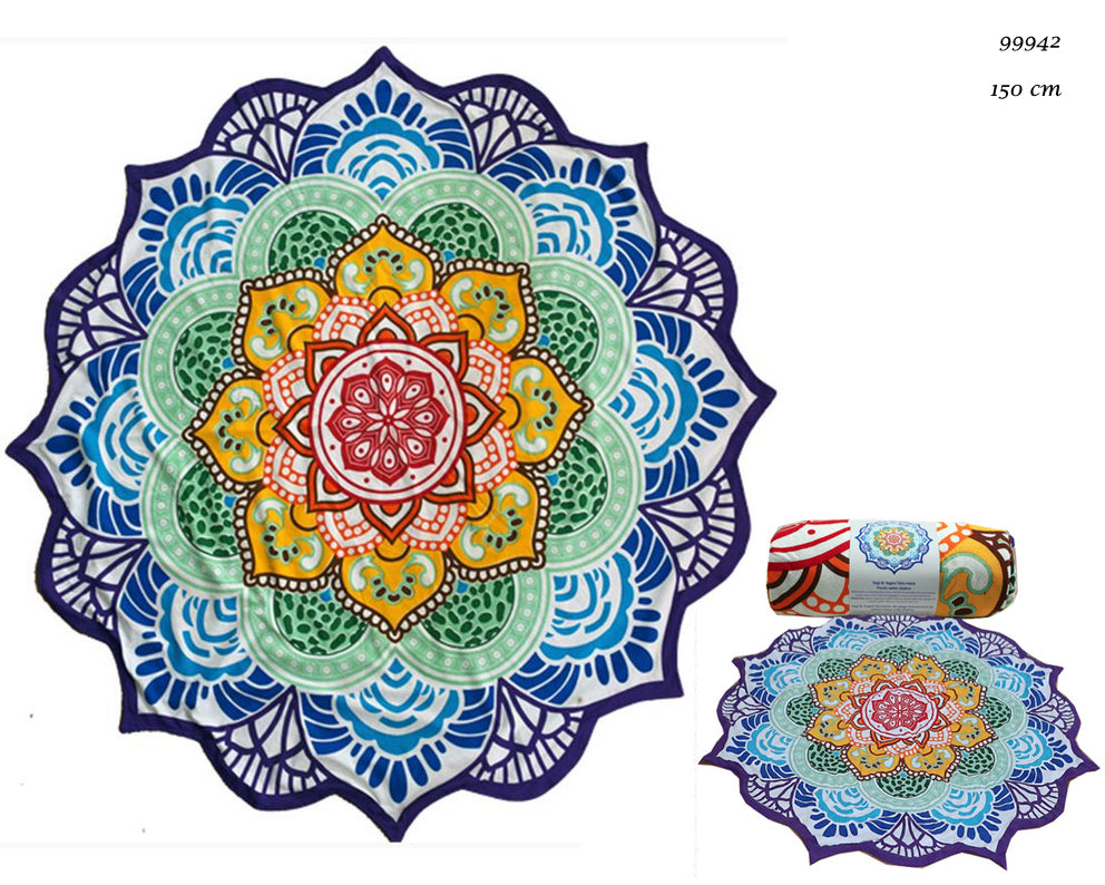 Toile de coton colorée en forme de mandala de 1,50 mètres de diamètre. Elle peut être utilisée comme serviette de plage ou comme couverture de pique-nique.