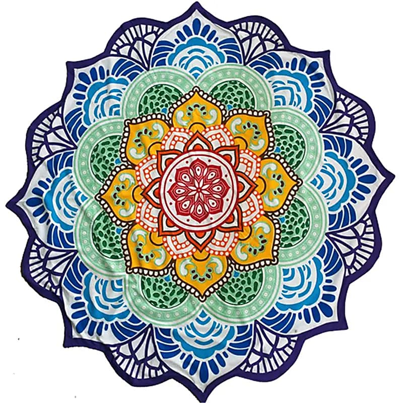 Toile de coton colorée en forme de mandala de 1,50 mètres de diamètre. Elle peut être utilisée comme serviette de plage ou comme couverture de pique-nique.