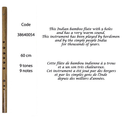 Cette flûte indienne en bambou à 9 trous est accordée sur une gamme de l'Inde. Elle possède un son très chaleureux. En Inde, cet instrument est joué par les bergers et les gens depuis des milliers d'années...