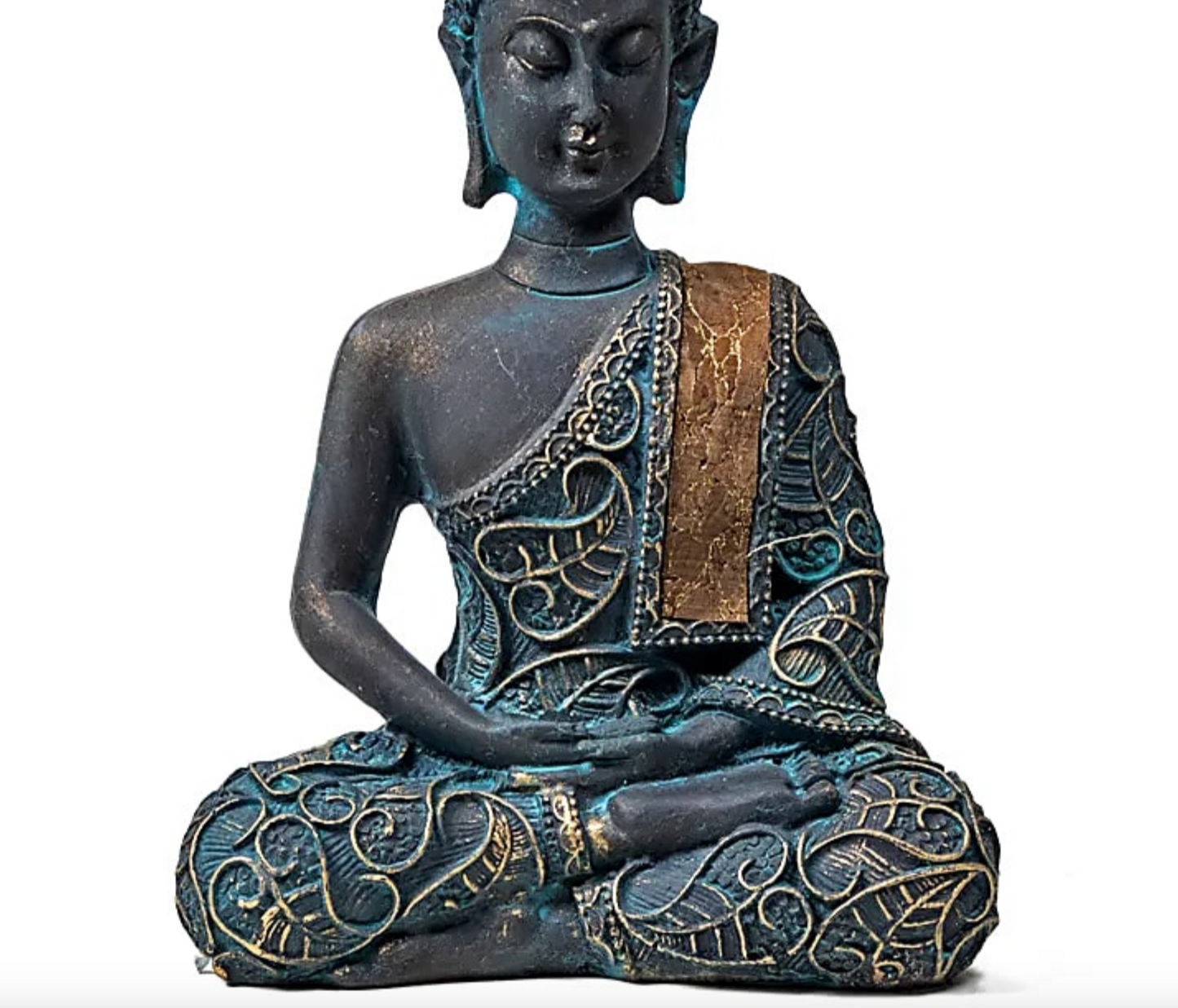 Bouddha 'coloré et habillé' de 9 x 5 x 14 cm. Précisions très fines de l'habillage en textiles et liège (bois). Divinité Bouddhiste sacré ! Très belle qualité, parfait dans une salle de Méditation, Autel, Collection...!