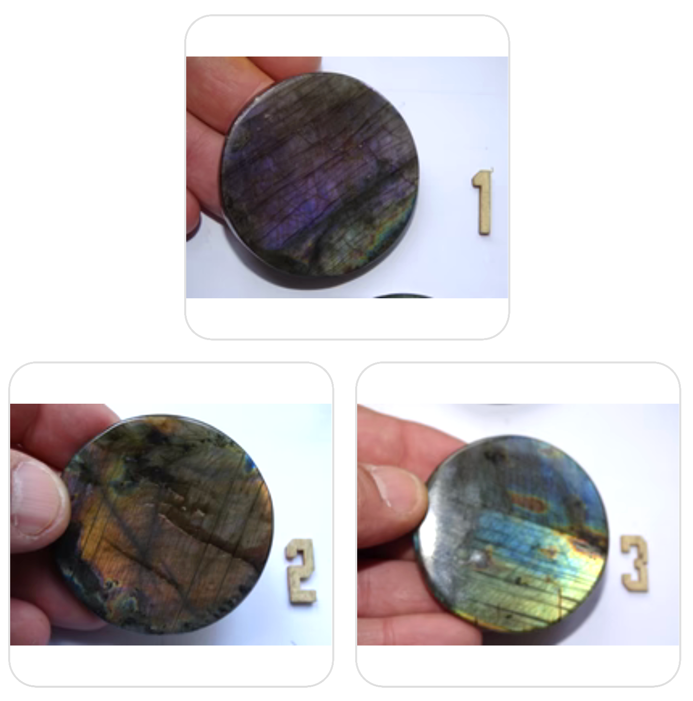 Labradorite, pierres/ cabochons de tailles L rondes et plates, modèles au choix, environ 55x55x0,9 mm - 30 grammes. Parfait pour être monter en bijouterie. Très belle qualité, des reflets hologramme incroyable !