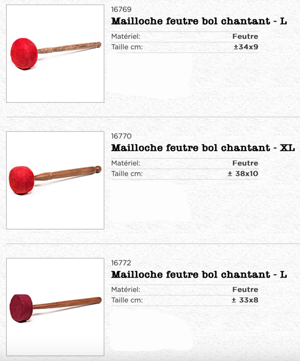 Sélection de maillets divers, + de 30 modèles en 1 coup d'oeil ! Pour bol chantant et gong et autres, plusieurs modèles et tailles au choix !