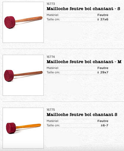 Sélection de maillets divers, + de 30 modèles en 1 coup d'oeil ! Pour bol chantant et gong et autres, plusieurs modèles et tailles au choix !