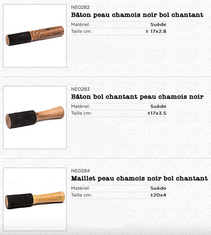 Sélection de maillets divers, + de 30 modèles en 1 coup d'oeil ! Pour bol chantant et gong et autres, plusieurs modèles et tailles au choix !