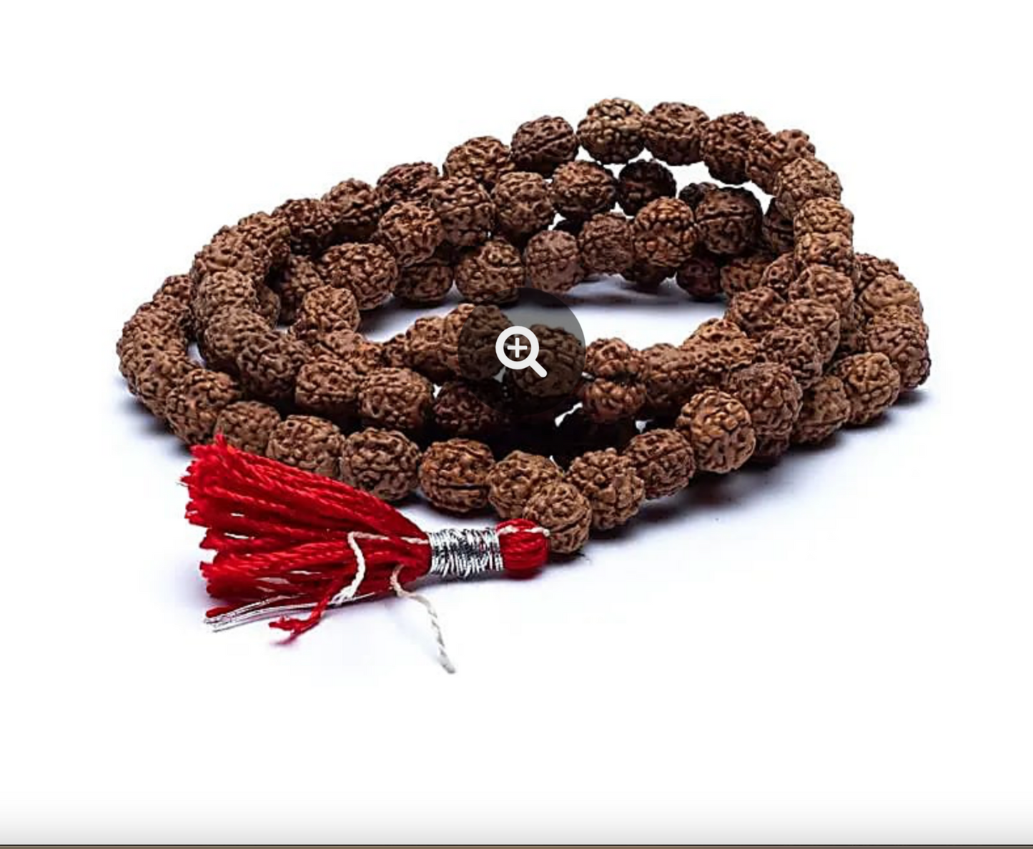 Mala en graine de Rudraksha (graine sacré), composé de 108 perles naturelles de 8 millimètres + floche rouge. De 56 à 57 centimètres de longueur. Un mala est à l'origine un outil hindouiste et bouddhiste pour la prière et la méditation !