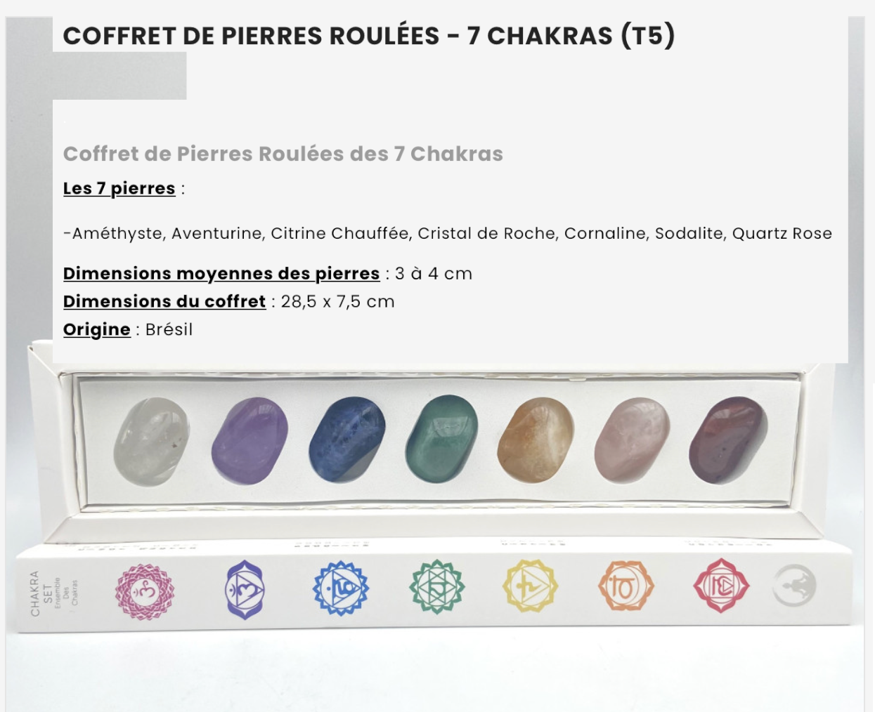 Kits 7 chakras 'Deluxe', 7 pierres de 3 à 4 centimètres. Parfait pour la lithothérapie, en cadeau, en collection... parfait !