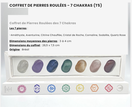 Kits 7 chakras 'Deluxe', 7 pierres de 3 à 4 centimètres. Parfait pour la lithothérapie, en cadeau, en collection... parfait !