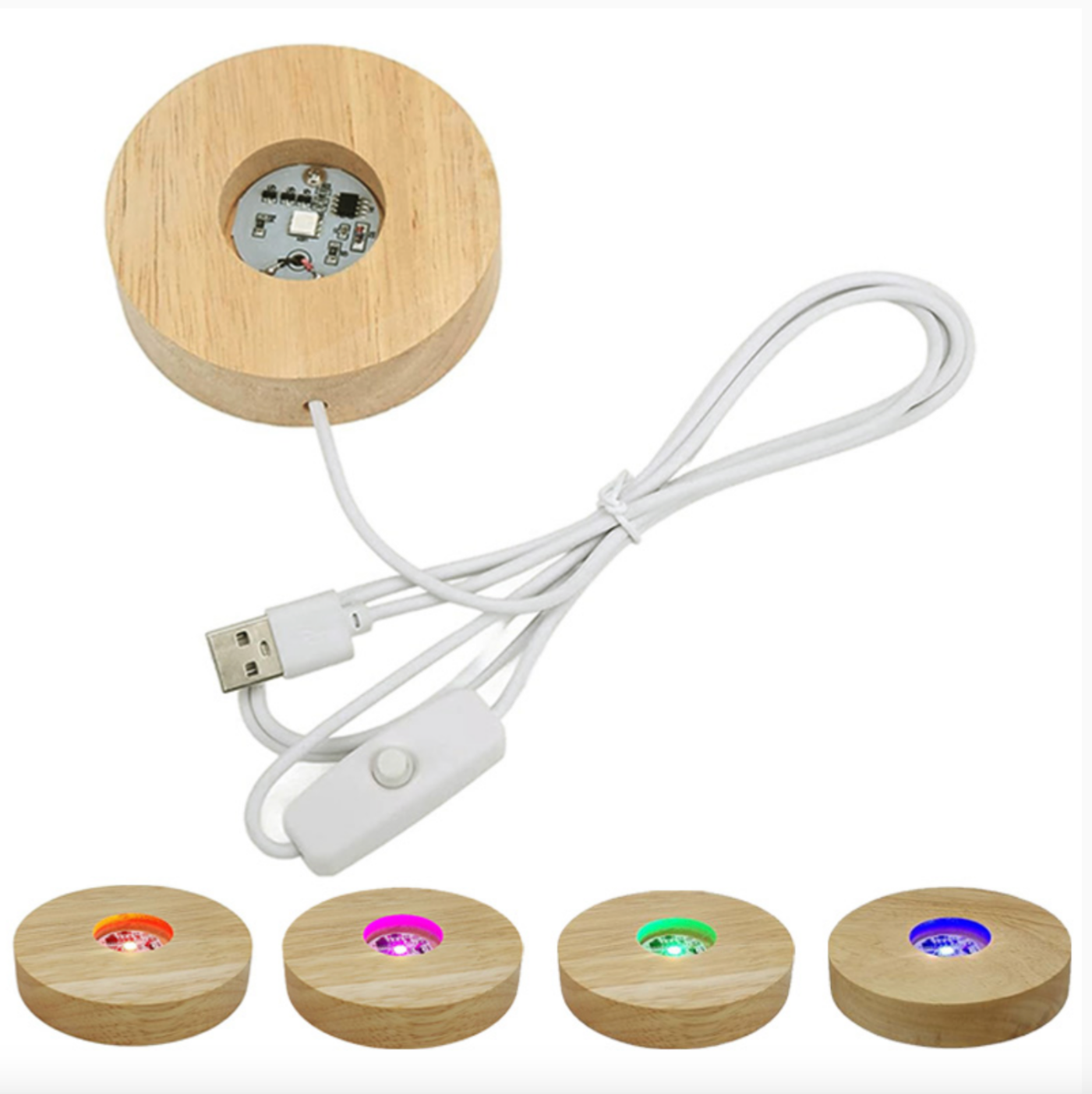 Base à LED multicolores, socle en bois, prise USB pour éclairer vos plus beaux spècimens. Dimensions (Ø x H) 10 x 2 cm. Puissance 5V. Peut être utilisé pour tous les minéraux transparents !