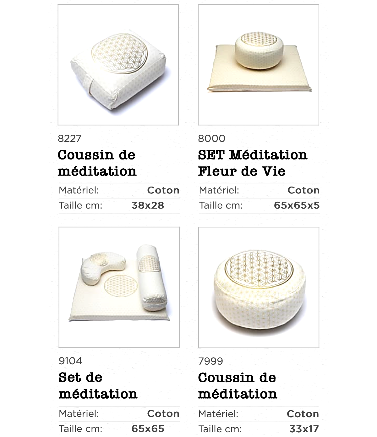 Sélection de 4 sets de coussins/ bolsters de méditation et de yoga, couleur blanc/doré, avec motif de la fleur de vie, en coton biologique (OCS). Fait en Inde par Yogi & Yogini !