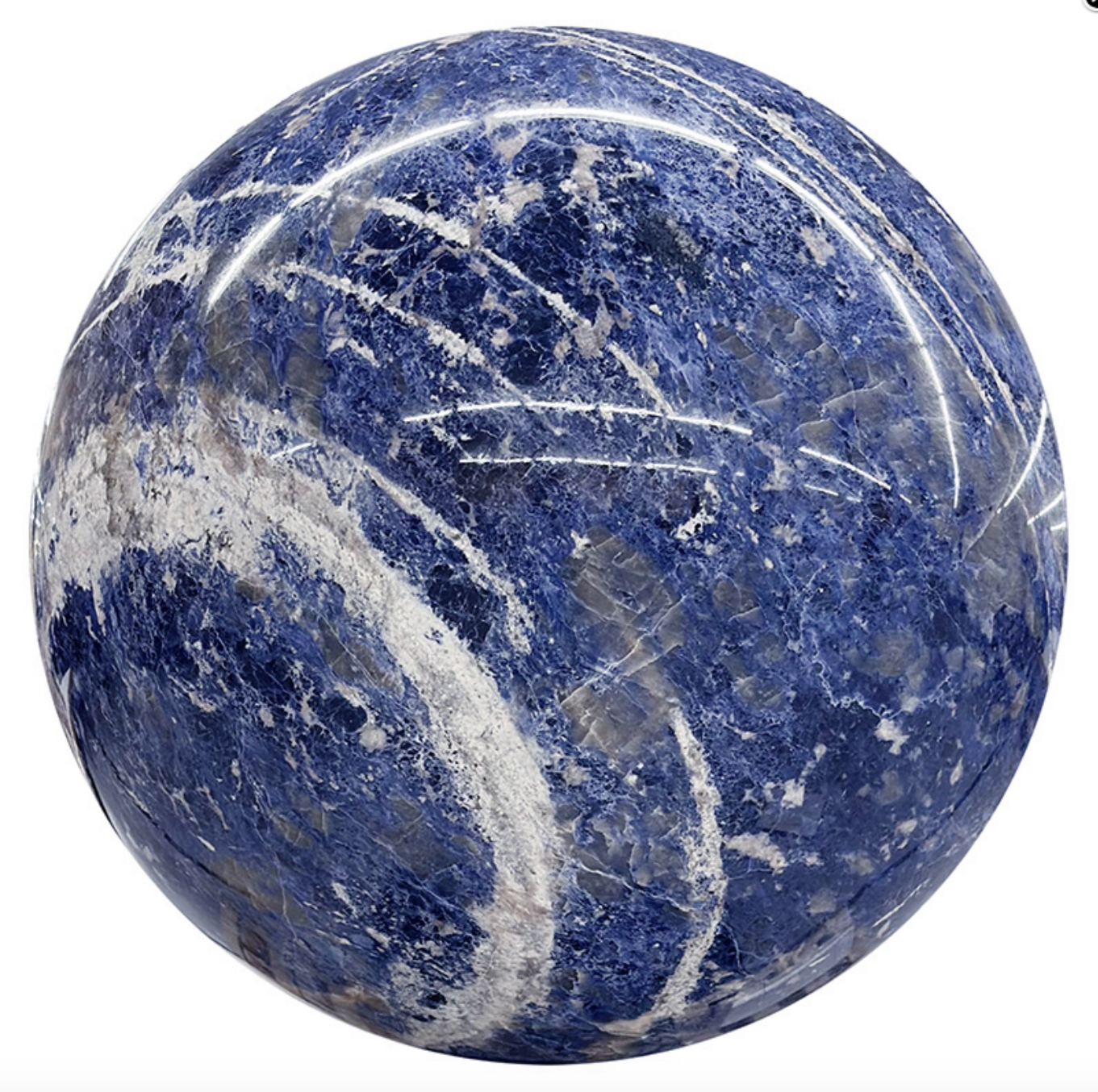 Rare, unique et impensable ! Sphère géante en Sodalite, pièce unique de 215 kilogrammes, de 55 centimètres de diamètre (vendu avec son socle dédié). Superbe, cela laisse sans voix !