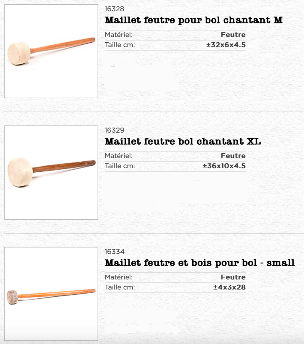 Sélection de maillets divers, + de 30 modèles en 1 coup d'oeil ! Pour bol chantant et gong et autres, plusieurs modèles et tailles au choix !