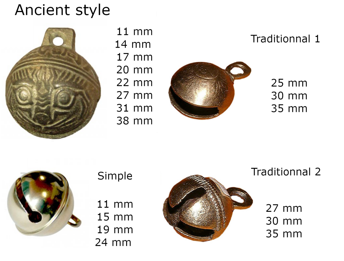 Cloches et clochettes en métal aux designs de différents styles : médiéval, moderne, classique... Plusieurs tailles au choix, parfait pour la création ou restauration d'instrument et tenue de danse ! Taille : de 11 à 38 millimètres !