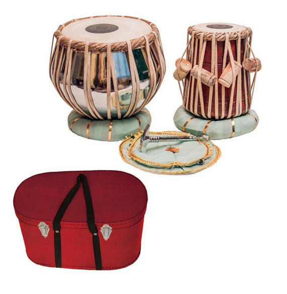 TABLA INDIEN TRADITIONNEL, comprend 1 sac de transport (étui souple), marteau et coussins. Dimensions & poids : Dayan : Ø 19cm (surface de jeu Ø15,5cm), 28cm de hauteur, 4,8kg/ Bayan : Ø30cm (surface de jeu Ø24cm). Magnifique qualité !