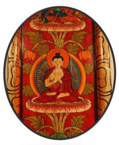 Thangka /  panneau en bois de 91 x 20 centimètres, incroyable conception dans un cadre en bois de pin, avec cinq (différents) Bouddhas, soigneusement peints à la main dans de belles couleurs chatoyantes !