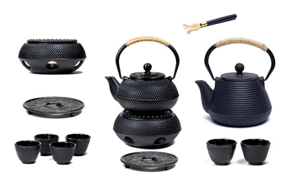 Théière émaillé en fonte, 'Tetsubin' et 'Tetsukyusu' de style traditionnel avec accessoires - 0,6, 1 ou 1,2 Litres. Options : tasses, chauffe-théière, assiette, porte couvercle... Parfait !