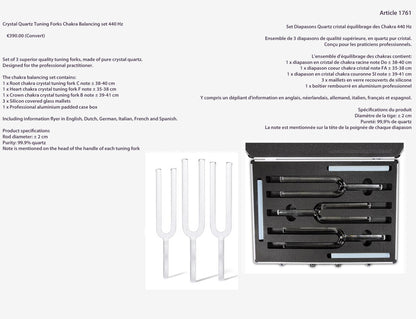 Malette avec un ensemble de 3 diapasons de qualité supérieure, en quartz pur cristal/ quartz. 2 choix d'accordages, en 432 ou 440 hertz. Conçu pour les praticiens professionnels.