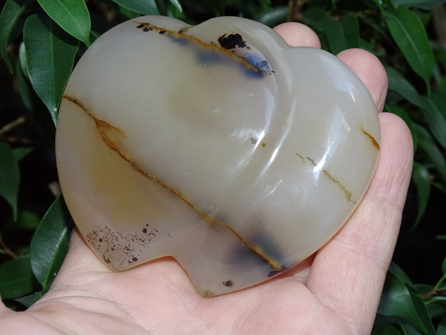 Coeur 'doublé', en agate dentrique de taille L (8,8 x 7,3 x 2,7 centimètres). Belles finitions, des veines de pierres, l'agate des artistes, magnifique pièce !