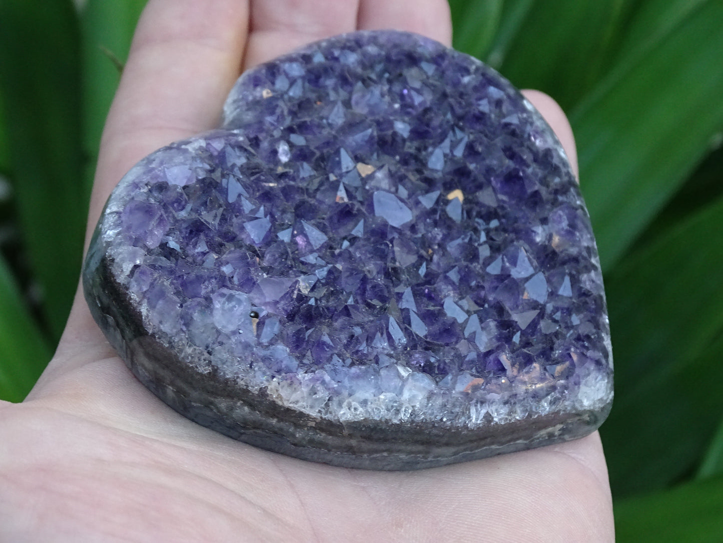 Druse en forme de coeur en amethyste de taille L (8,4 x 8,1 x 2,2 centimètres). Belles finitions, des cristaux d'un violet intense, parfait pour recharger des minéraux, magnifique pièce !