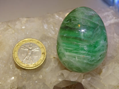 Oeuf en Fluorite, de 45 millimètres de hauteur x 35 mm de diamètre, poids 85 grammes. Très belle qualité, parfait pour une collection !