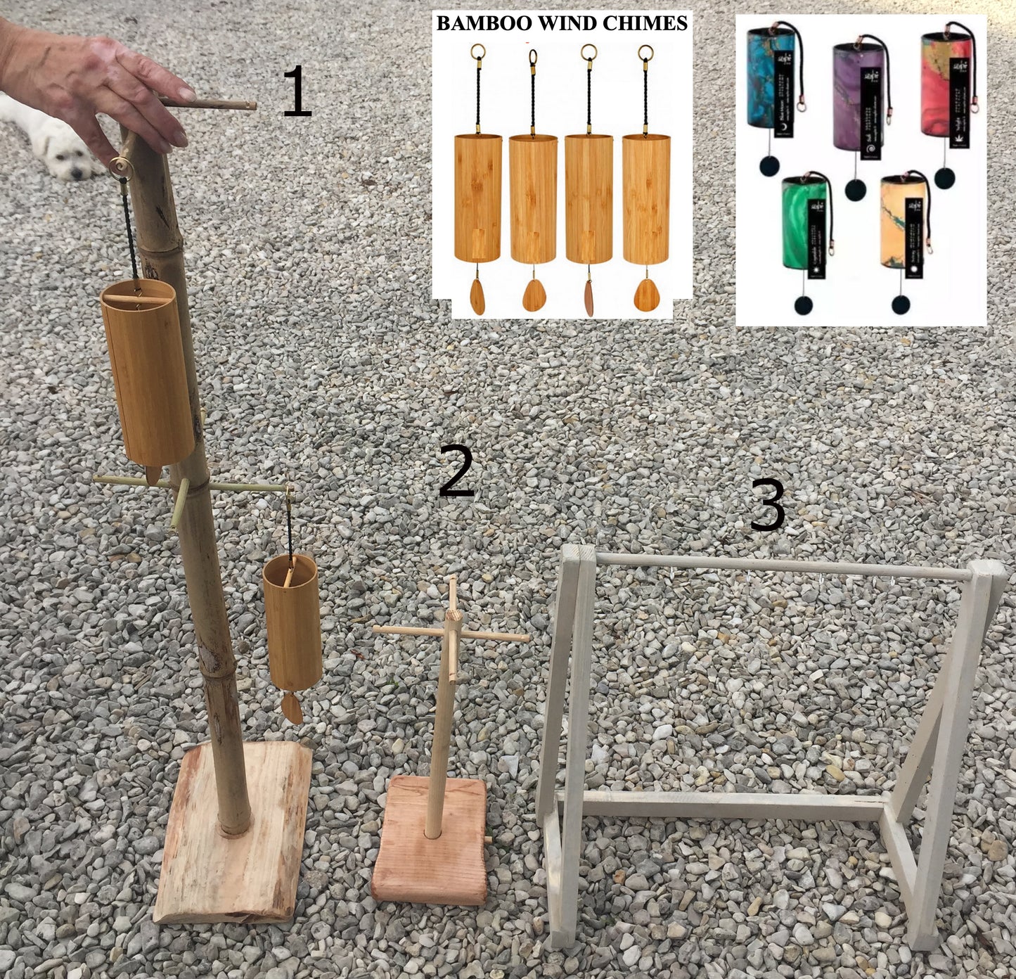 Création Gem & Zen, supports en bois 'double rang', pour carillon de style Koshi, Zaphir ou autres, de 45 ou 95 centimètres de hauteur, base de 20 x 20cm.. Convient également pour cymbale Tibétaine (Tingsha). Option finition 'mat' ou 'brillant', parfait !