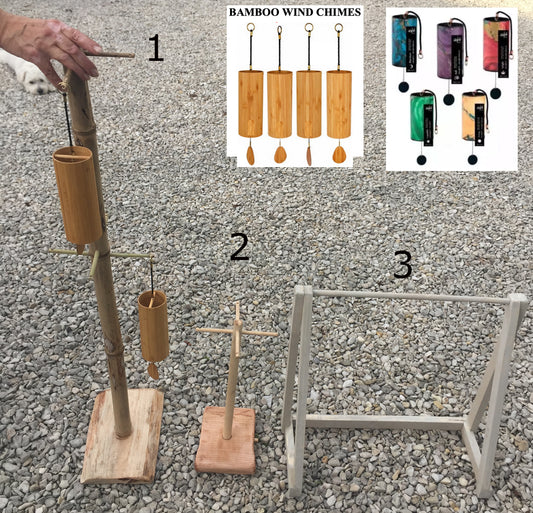 Création Gem & Zen, supports en bois 'double rang', pour carillon de style Koshi, Zaphir ou autres, de 45 ou 95 centimètres de hauteur, base de 20 x 20cm.. Convient également pour cymbale Tibétaine (Tingsha). Option finition 'mat' ou 'brillant', parfait !