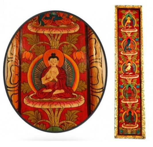 Thangka /  panneau en bois de 91 x 20 centimètres, incroyable conception dans un cadre en bois de pin, avec cinq (différents) Bouddhas, soigneusement peints à la main dans de belles couleurs chatoyantes !