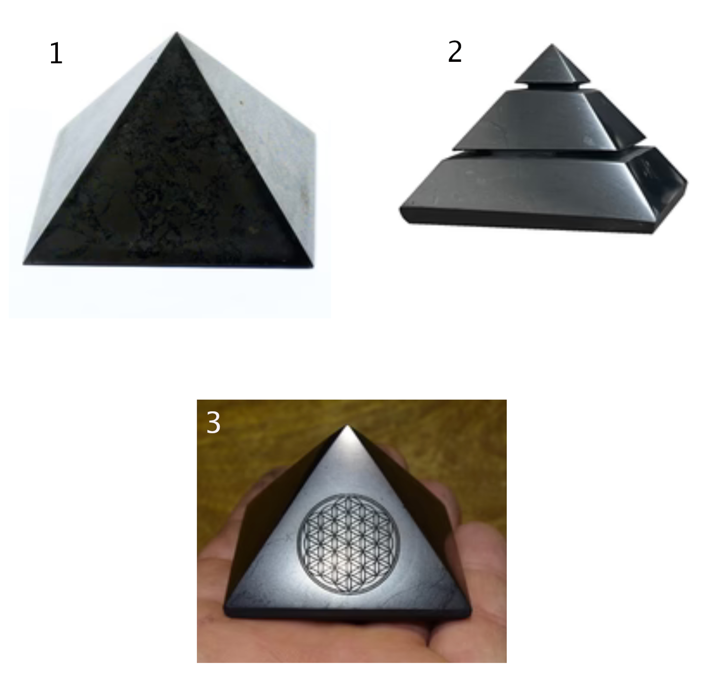 Sélection de pyramides en Shungite, 3 modèles, de 4 à 5 centimètres, une pierre légère, douce et magique ! Protège des ondes et permet l'ancrage, parfait pour la lithothérapie, collection, exposition...!