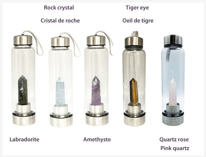 Sélection de bouteilles en verre et acier inoxydable pouvant contenir jusqu'à 550 ml. Pour fabriquer des élixirs ou dynamiser l'eau avec une véritable pierre, au choix : d'Améthyste, Labradorite, œil de tigre ou Cristal de roche. Vendu avec housse !