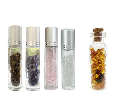 Roll-on/ Fiole de minéraux - 5 Différents modèles vendu à l'unité : améthyste - cristal de roche - quartz rose - Oeil de tigre + Fiole d'ambre ! Parfait pour la préparation d'elixir !