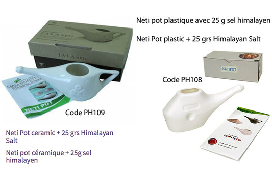 Le Neti Pot est un petit pichet de plastique à remplir avec de l'eau salée puis à vider dans les voies nasales pour les nettoyer. 1 modèle en céramique et 1 en P.v.c. Un lavage du sinus est recommandé pour hygiène quotidienne. Reconnu et efficasse !